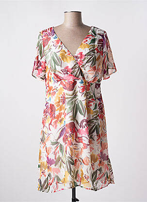 Robe mi-longue imprimé fleurs manches courtes beige CHRISTINE LAURE femme
