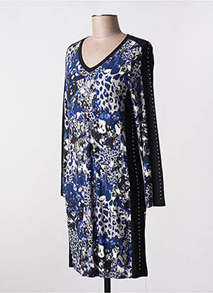 Robe mi-longue imprimé fantaisie manches longues bleu MALOKA femme