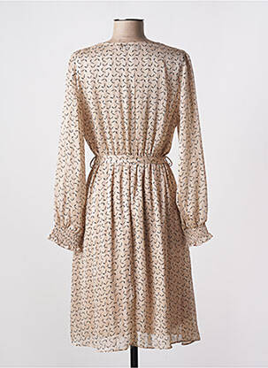 Robe mi-longue imprimé fantaisie manches longues beige ACBELLE femme
