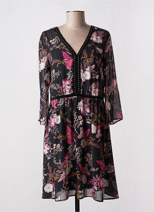 Robe mi-longue imprimé fleurs manches 3/4 noir JUS D'ORANGE femme