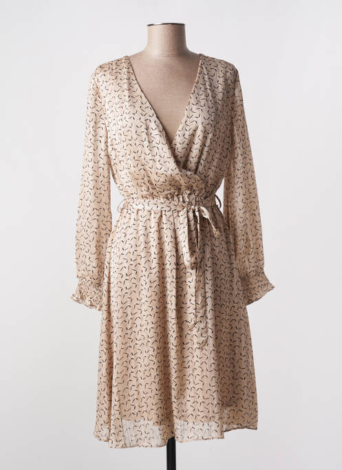 Robe mi-longue imprimé fantaisie manches longues beige ACBELLE femme