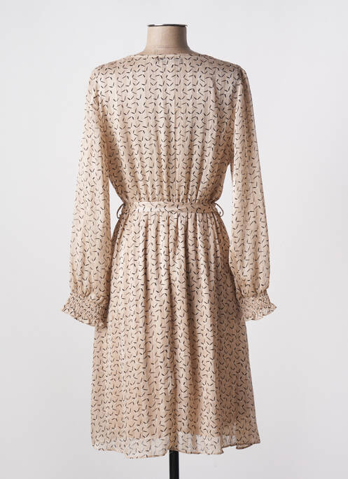 Robe mi-longue imprimé fantaisie manches longues beige ACBELLE femme