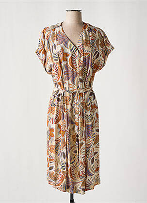 Robe mi-longue imprimé fleurs manches courtes beige DIANE LAURY femme