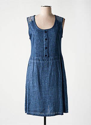 Robe mi-longue tissage crêpe sans manche bleu MALOKA femme