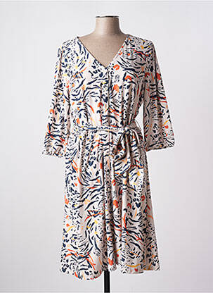 Robe mi-longue imprimé fantaisie manches longues beige K-DESIGN femme