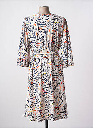 Robe mi-longue imprimé fantaisie manches longues beige K-DESIGN femme