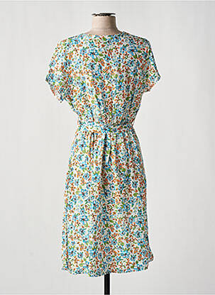 Robe mi-longue imprimé fleurs manches courtes bleu COULEURS DU TEMPS femme