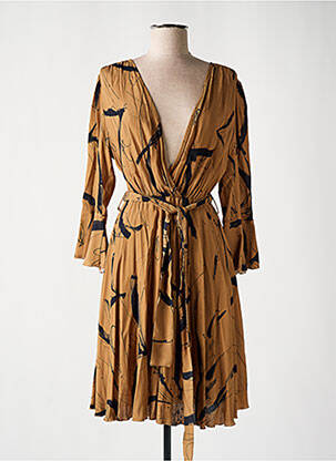 Robe mi-longue imprimé fantaisie manches longues marron LES BLONDINETTES femme