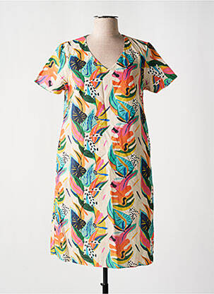 Robe mi-longue imprimé fleurs manches courtes beige GUY DUBOUIS femme