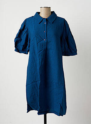 Robe mi-longue tissage crêpe manches courtes bleu LA FEE MARABOUTEE femme
