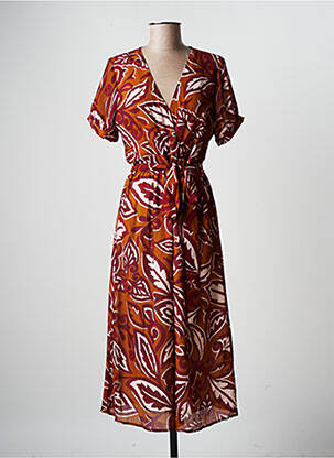 Robe mi-longue imprimé fantaisie manches courtes marron LA FEE MARABOUTEE femme