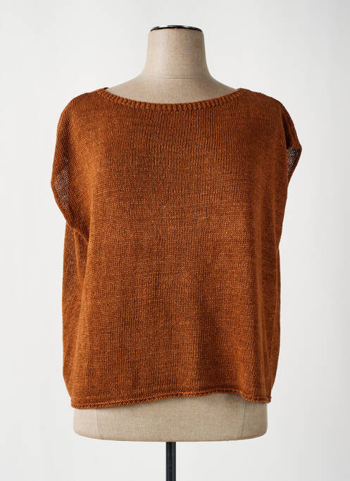 Pull tissage chiné manches courtes marron MAEVY femme