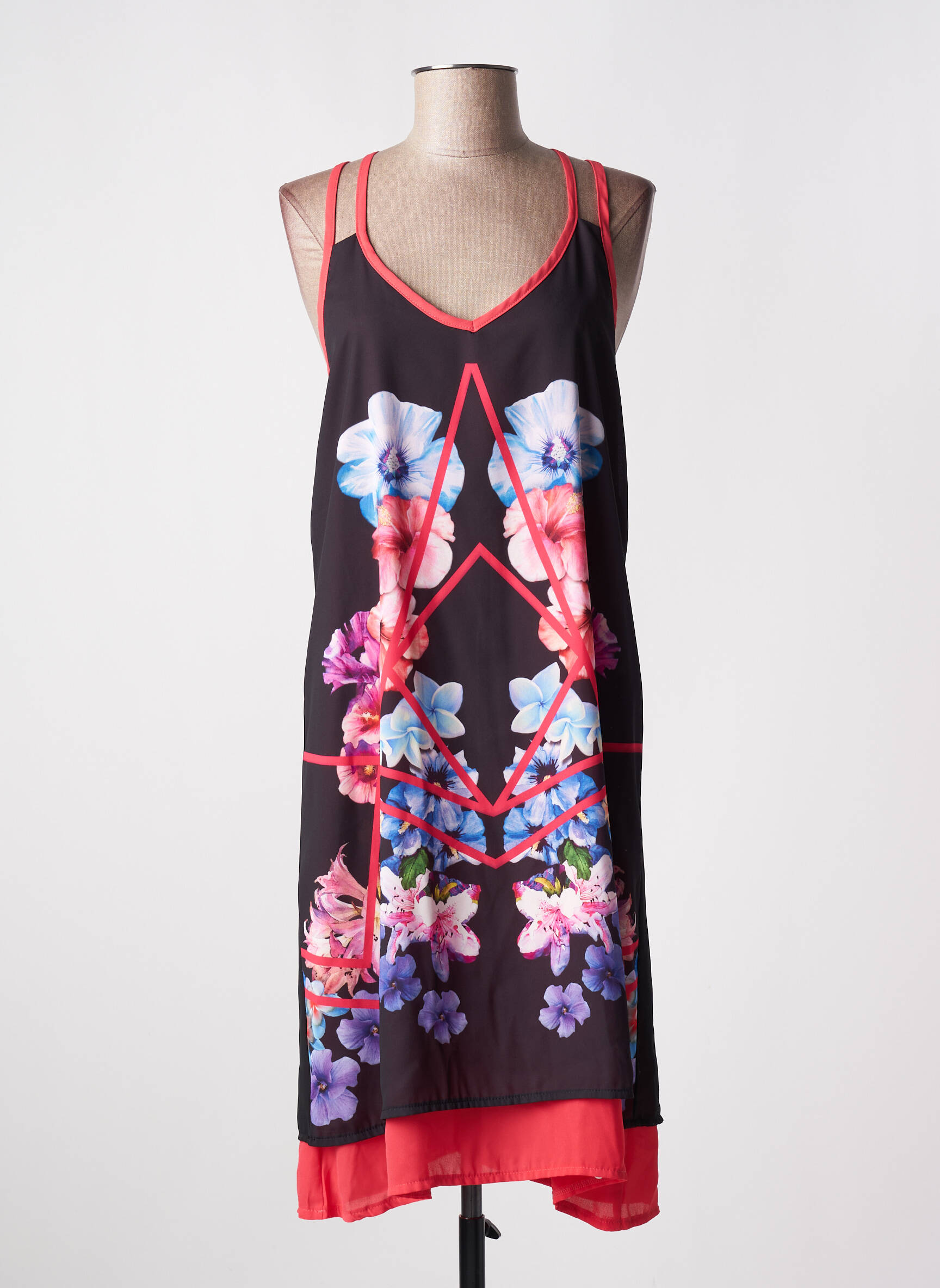 Robe mi-longue imprimé fleurs fines bretelles noir MASSANA femme