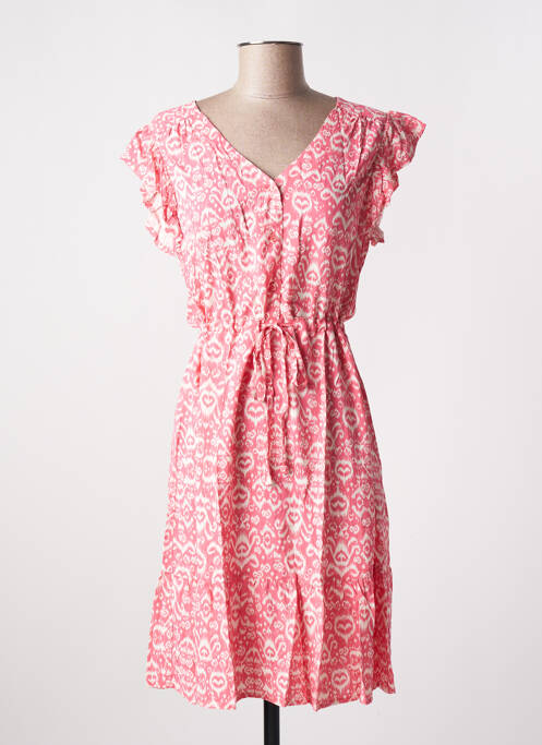 Robe mi-longue imprimé fantaisie manches courtes rose ICHI femme