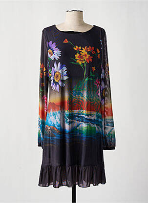 Robe mi-longue imprimé fleurs manches longues gris DESIGUAL femme