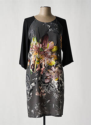 Robe mi-longue imprimé fleurs manches 3/4 gris ANDAMIO femme