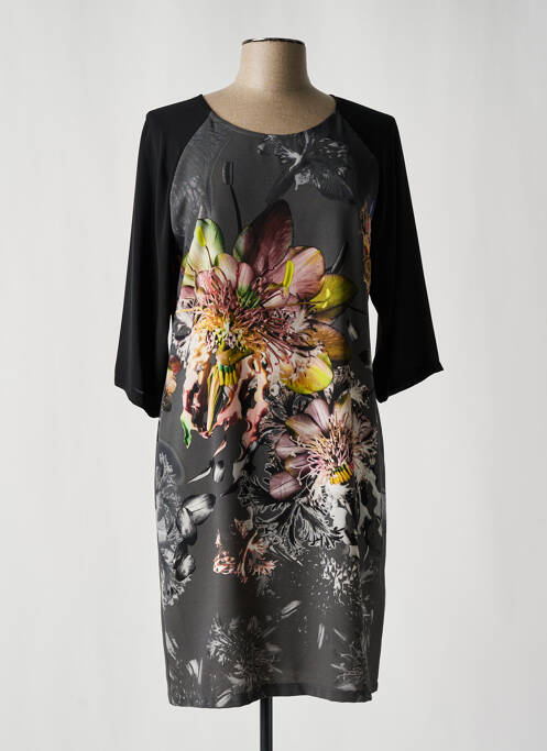 Robe mi-longue imprimé fleurs manches 3/4 gris ANDAMIO femme