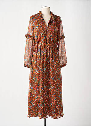 Robe mi-longue coupe fluide manches longues marron C'EST BEAU LA VIE femme