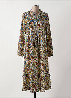 Robe mi-longue imprimé fleurs manches longues beige C'EST BEAU LA VIE femme