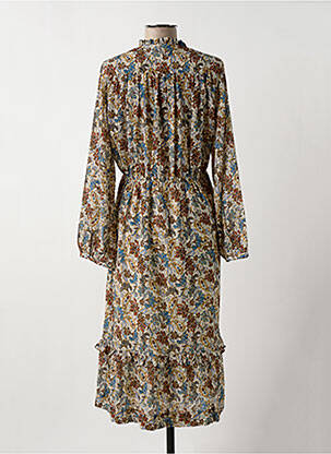 Robe mi-longue imprimé fleurs manches longues beige C'EST BEAU LA VIE femme