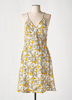 Robe mi-longue imprimé fleurs fines bretelles jaune COTON DU MONDE femme