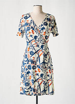 Robe mi-longue imprimé fleurs manches courtes beige COTON DU MONDE femme