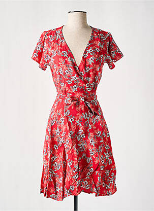 Robe mi-longue imprimé fleurs manches courtes rouge COTON DU MONDE femme