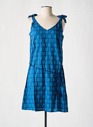 Robe mi-longue imprimé fantaisie fines bretelles bleu COTON DU MONDE femme