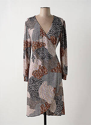 Robe mi-longue imprimé fantaisie manches longues marron MULTIPLES femme