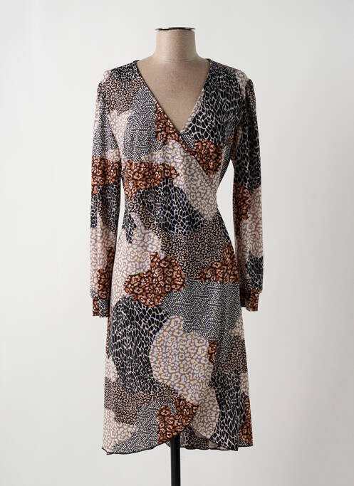 Robe mi-longue imprimé fantaisie manches longues marron MULTIPLES femme
