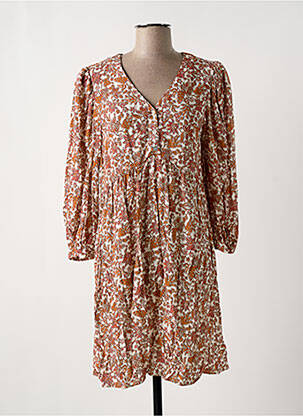 Robe mi-longue imprimé fleurs manches 3/4 orange C'EST BEAU LA VIE femme