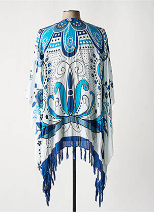 Veste kimono finition franges bleu LARA-ETHNICS femme