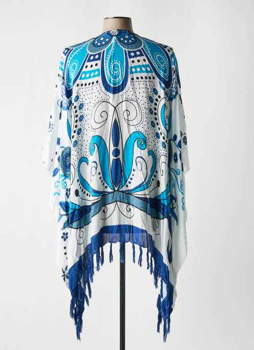 Veste kimono finition franges bleu LARA-ETHNICS femme