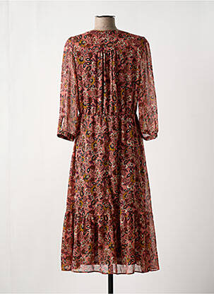 Robe mi-longue imprimé fleurs manches 3/4 rose C'EST BEAU LA VIE femme