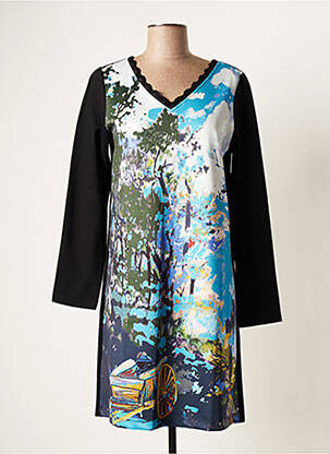 Robe mi-longue imprimé fantaisie manches longues bleu MALOKA femme