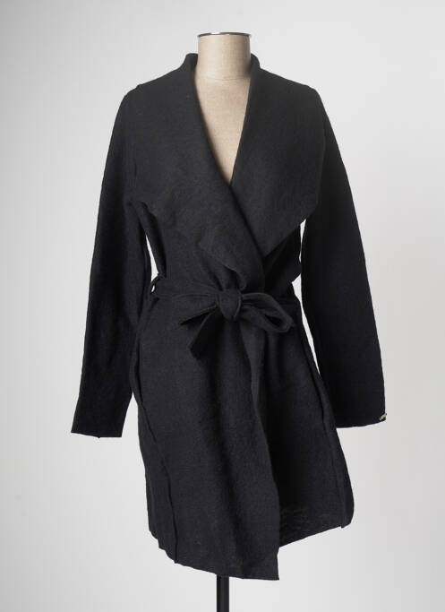 Manteau long tissage laine bouillie sans capuche noir MALOKA femme