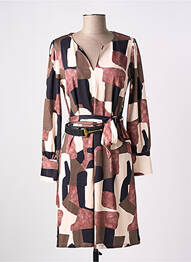 Robe mi-longue imprimé fantaisie manches longues beige K-DESIGN femme