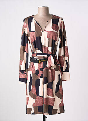 Robe mi-longue imprimé fantaisie manches longues beige K-DESIGN femme