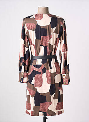 Robe mi-longue imprimé fantaisie manches longues beige K-DESIGN femme