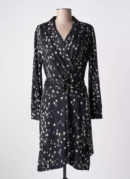 Robe mi-longue imprimé fantaisie manches longues noir K-DESIGN femme