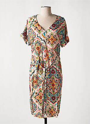 Robe mi-longue imprimé fantaisie manches courtes beige GEISHA femme