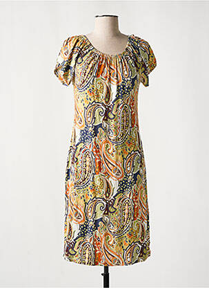 Robe mi-longue imprimé fantaisie manches courtes jaune GEISHA femme