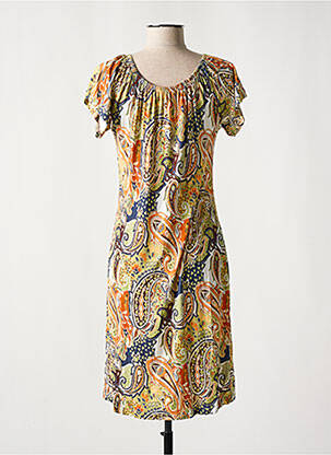 Robe mi-longue coupe fluide manches courtes jaune GEISHA femme