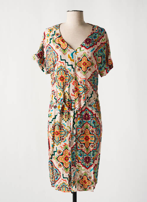 Robe mi-longue imprimé fantaisie manches courtes beige GEISHA femme