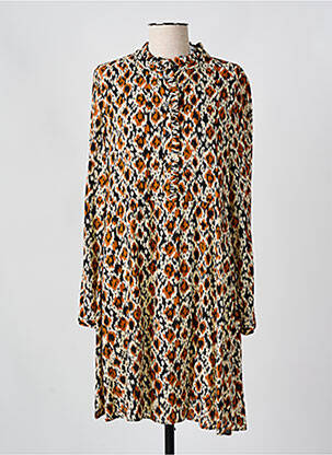 Robe mi-longue tissage crêpe manches longues marron C'EST BEAU LA VIE femme
