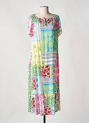 Robe longue imprimé fleurs manches courtes vert HALOGENE femme