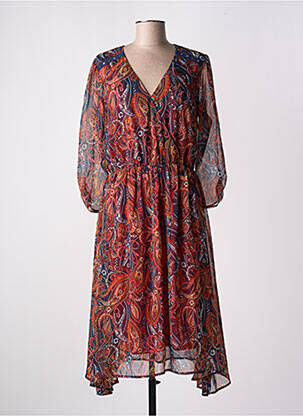 Robe mi-longue imprimé fleurs manches longues orange JULIE GUERLANDE femme