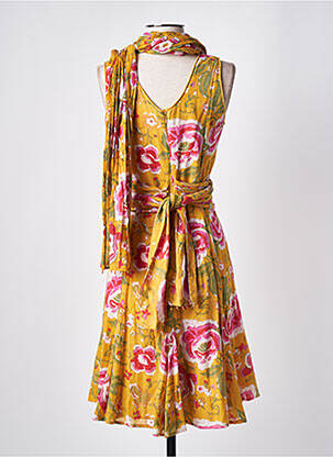 Robe mi-longue imprimé fleurs sans manche jaune ELIANE ET LENA femme