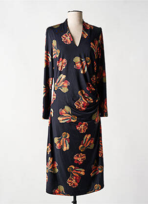 Robe mi-longue imprimé fleurs manches longues noir K-DESIGN femme