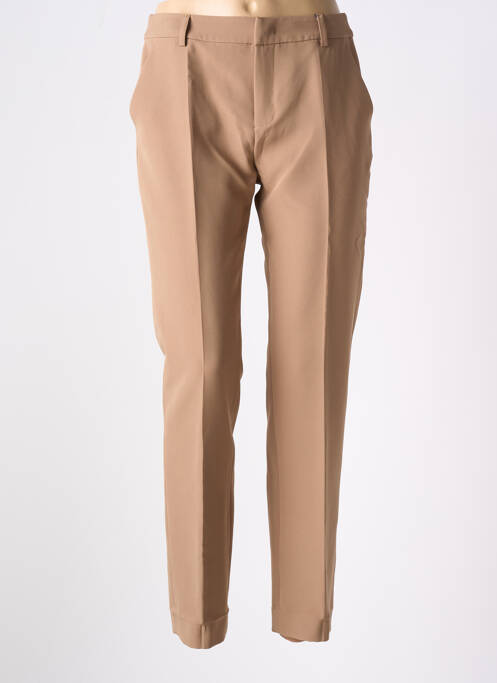 Pantalon chino fermeture zippée sous rabat avec crochet taille haute marron SIGNE NATURE femme